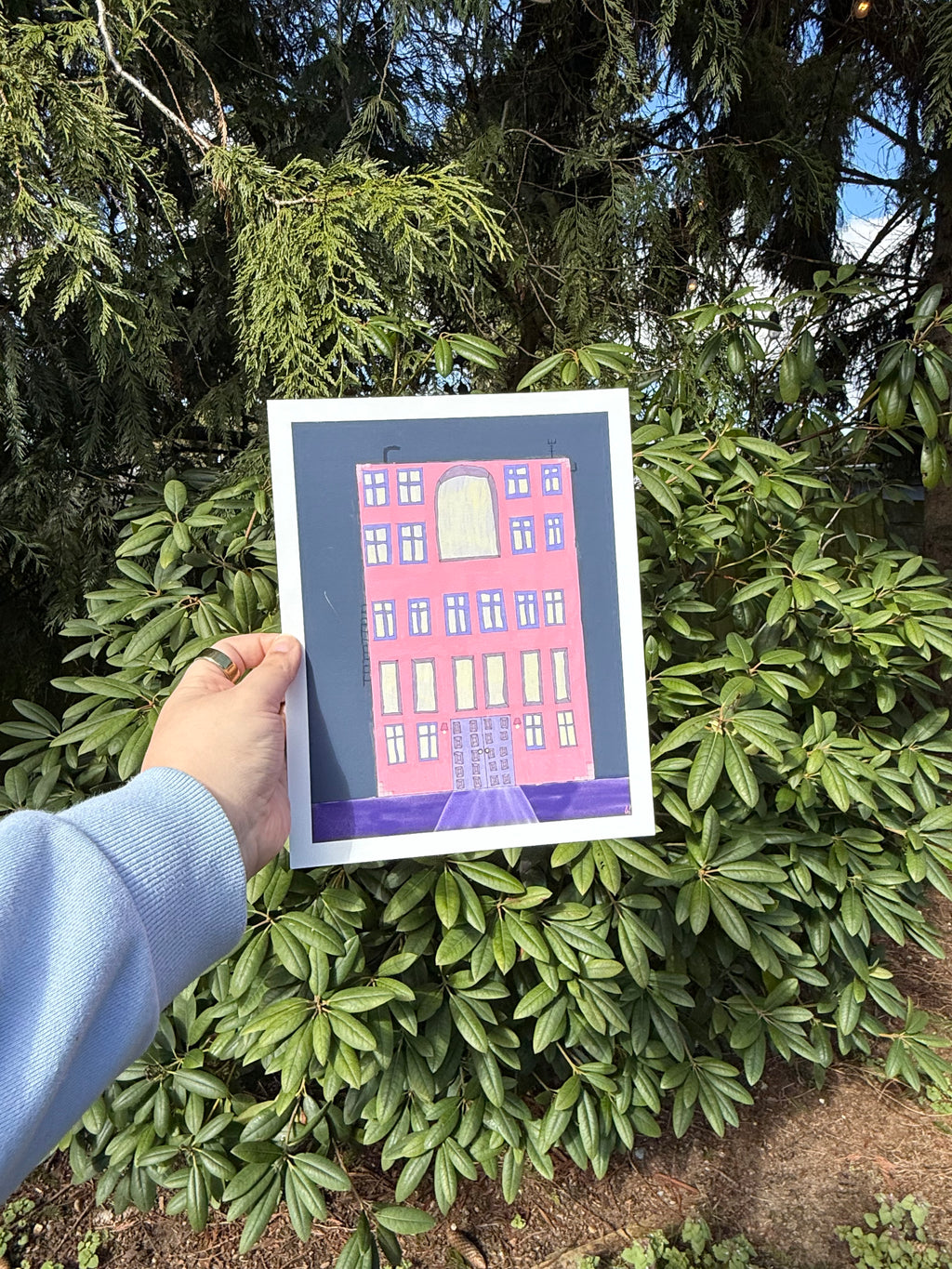 8x10 Bright Whimsy Pink Building Art Print on matte paper